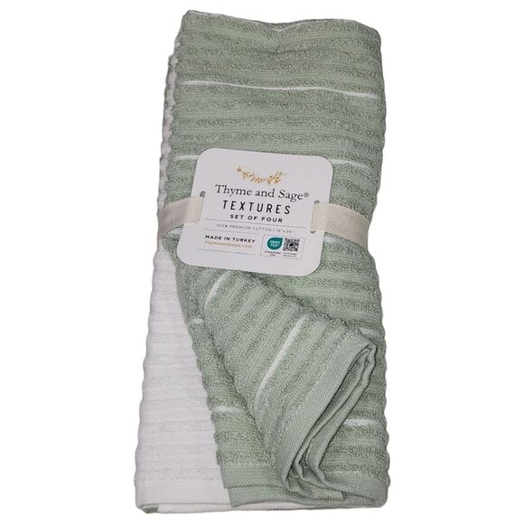 Thyme and Sage Kitchen Towel Set of 4pcs Green and White Striped‎ Turkish Cotton - Picture 1 of 10